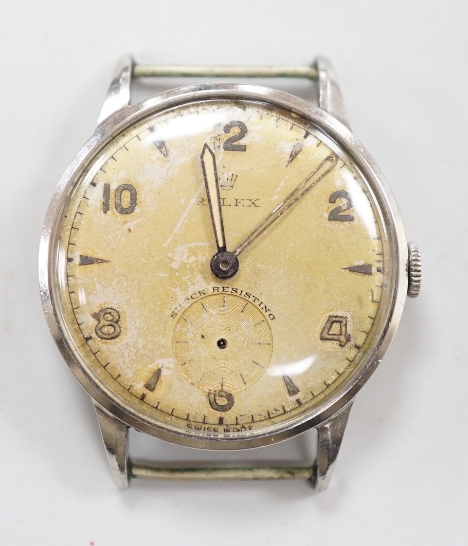 A gentleman's steel Rolex manual wind wrist watch, the case back numbered 546037, (a.f.), case diameter 31mm, no strap, box or papers.